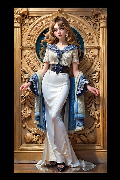 modello di una donna in un vestito bianco con un vestito blu e bianco.