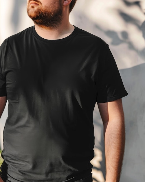 Modello di uomo adulto grasso di grandi dimensioni in maglietta nera vuota per il modello di progettazione