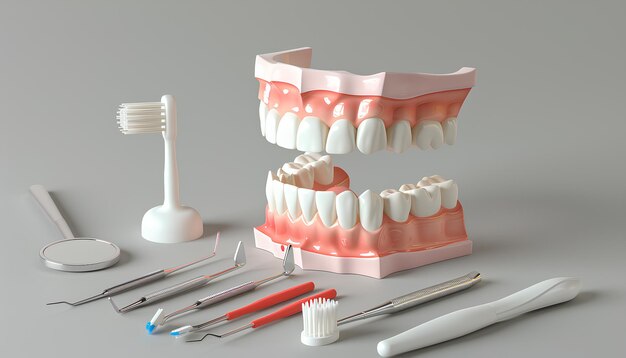 modello di utensili dentali e spazzolino da denti su sfondo grigio