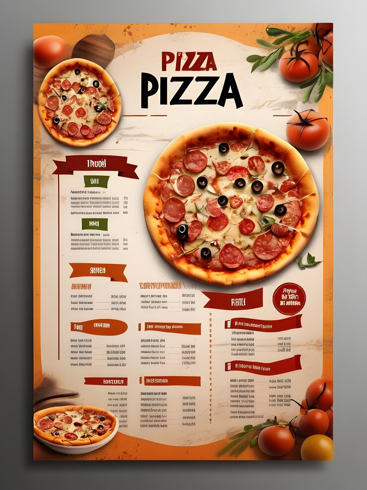 Foto modello di volantino per menu di cibo e pizza deliziosa
