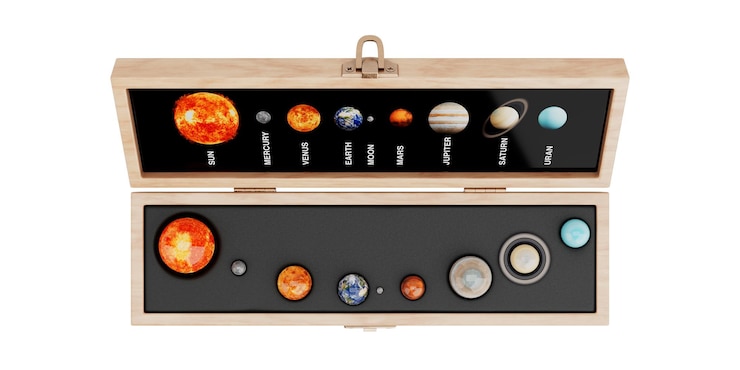 Foto modello didattico del sistema solare in scatola di legno regalo 3d rendering