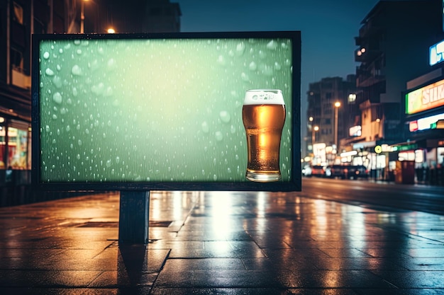 Modello digitale di cartellone illuminato nel paesaggio cittadino di notte con bicchiere per bevande senza etichetta