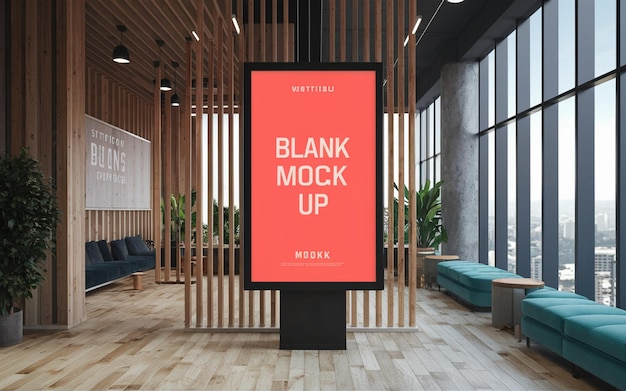 Modello digitale verticale di un cartellone bianco con cornice nera all'interno di un moderno centro commerciale