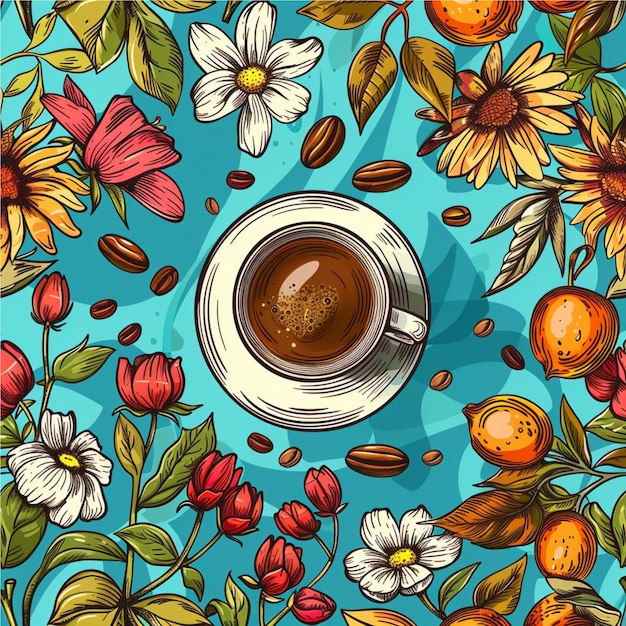 modello disegnato a mano per il caffè e i fiori per bg