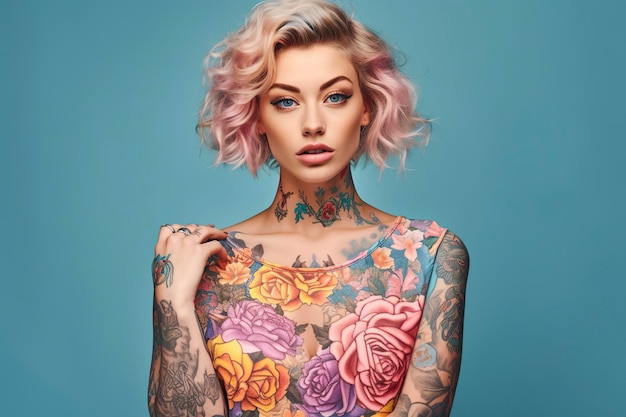 Modello donna in posa con molti tatuaggi Ai generato