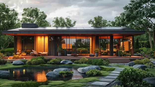 Modello elegante di una casa sostenibile con pannelli solari e elementi di design moderno per il paesaggio verde