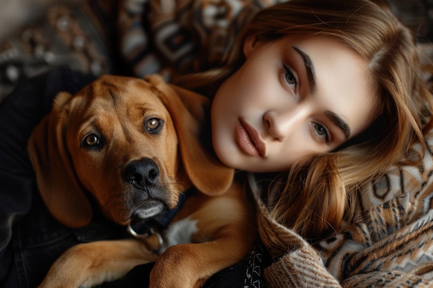 Modello europeo posa con un cucciolo in un servizio fotografico in studio