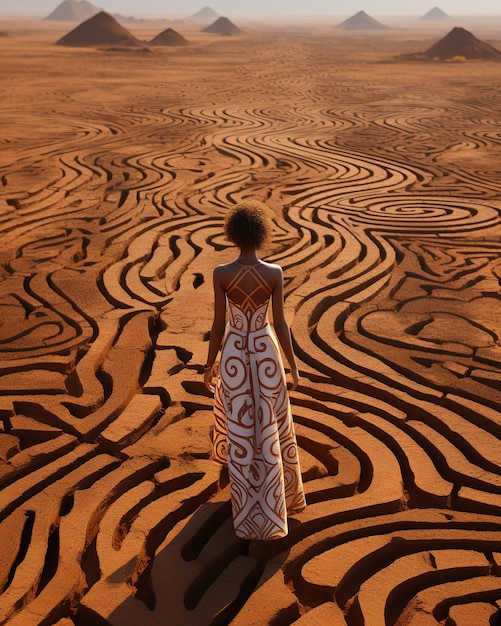 Modello femminile con un lungo vestito nero che posa nel deserto