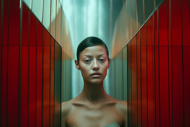 Modello femminile in posa in un'architettura ultraterrena minimalista futuristica