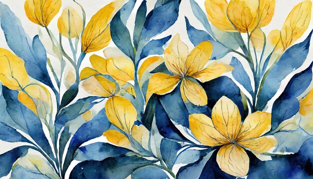 modello floreale acquerello illustrazione disegnata a mano arte botanica blu giallo