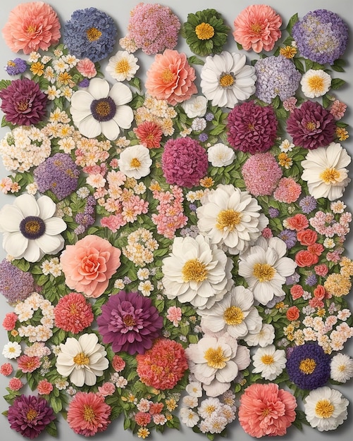 modello floreale con diversi tipi di fiori su uno sfondo di foglie