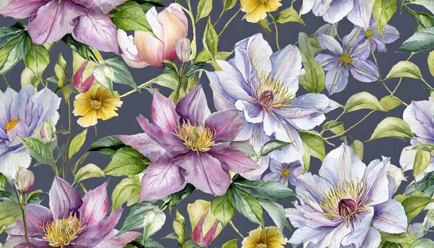 modello floreale senza cuciture con clematis e peonie_ illustrazione naturale ad acquerello