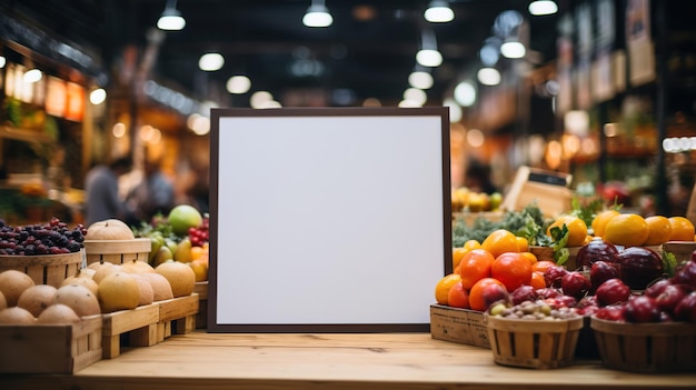 Modello generativo di poster o cartello AI per la presentazione del logo design del marchio sullo sfondo sfocato del mercato alimentare