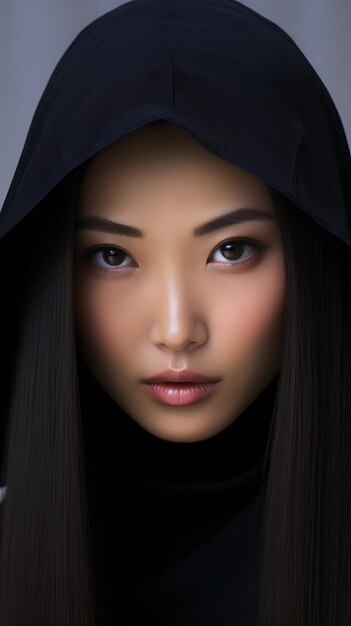 Modello giapponese asiatico thailandese ritratto da vicino con i capelli coperti sul viso