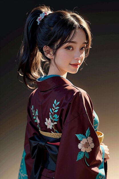 Modello giapponese di giovane bella ragazza che indossa un bellissimo kimono di squisita bellezza sullo sfondo della carta da parati