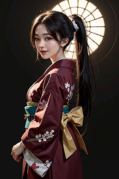 Modello giapponese di giovane bella ragazza che indossa un bellissimo kimono di squisita bellezza sullo sfondo della carta da parati