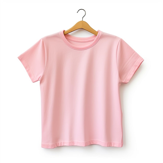 Modello in bianco della maglietta rosa della ragazza sul gancio di legno isolato sopra bianco