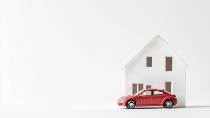 Modello in miniatura di auto e casa posizionati fianco a fianco in una composizione minimalista pulita