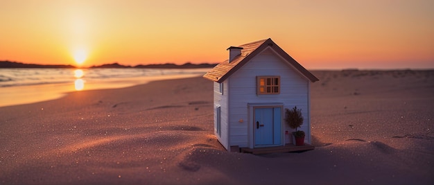 Modello in miniatura di una casa in legno sulla costa il concetto di immobili in riva al mare IA generativa