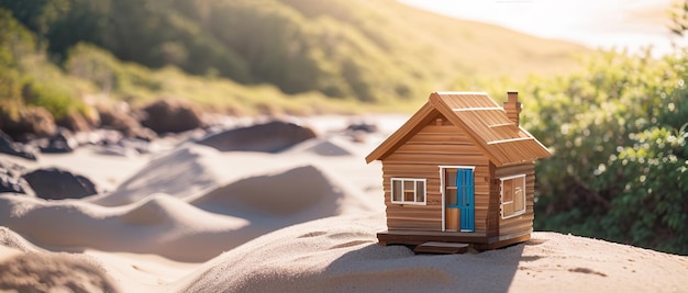 Modello in miniatura di una casa in legno sulla costa il concetto di immobili in riva al mare IA generativa