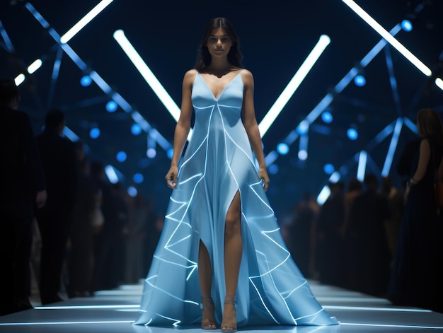Modello in un vestito olografico con motivi geometrici che cammina su una pista futuristica con luci galleggianti