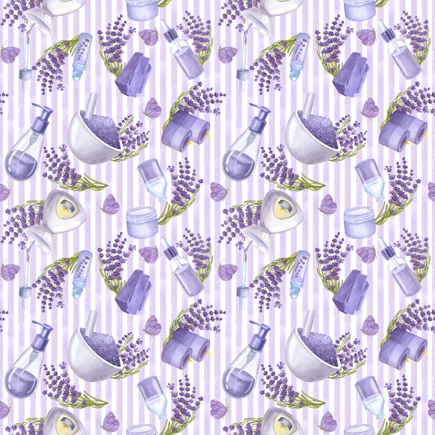 Modello infinito senza cuciture fiori di lavanda oli essenziali cosmetici sapone acquerello illustrazione