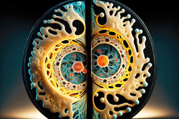 Modello ingrandito nella divisione cellulare al microscopio con nucleo