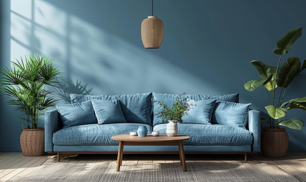 Modello interno della casa con divano blu tavolo in legno e decorazione in salotto blu