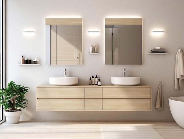 Modello interno realistico bagno lavandino in ceramica o lavandino con specchio e rubinetto design minimo moderno AI generativa