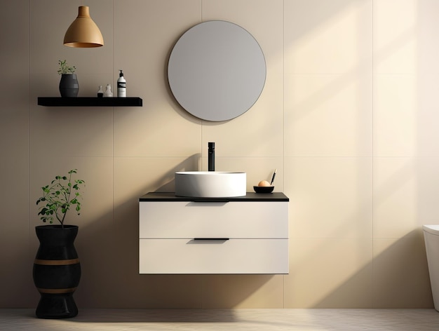 Modello interno realistico bagno lavandino in ceramica o lavandino con specchio e rubinetto design minimo moderno AI generativa