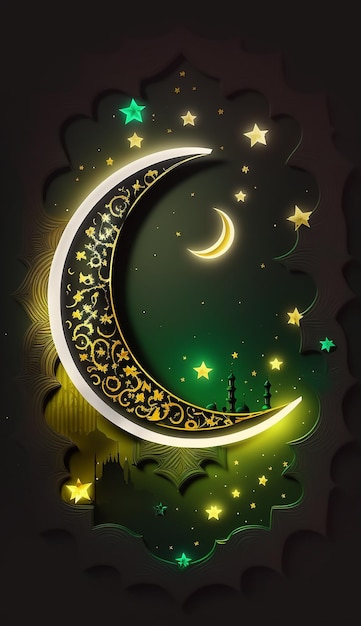 Modello islamico 3d e stelle lunari e illustrazioni di nuvole effetti luminosi viola Ai