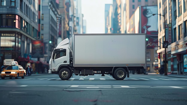 Modello laterale di un camion sulla strada della città Cargo camion con banner bianco vuoto