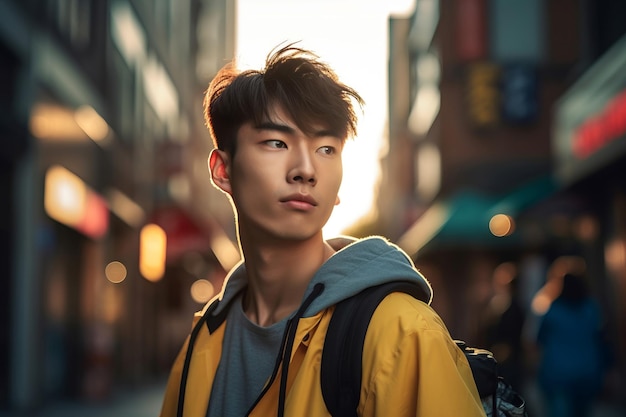 Modello maschile coreano per strada Bel ragazzo della moda asiatica in una strada illuminata Genera ai