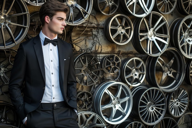 Modello maschile in abbigliamento formale accanto a un muro di ruote in lega usata