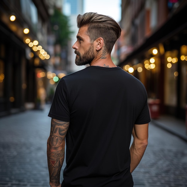 Modello maschile in una classica Tshirt di cotone nero su una vista posteriore della strada cittadina Generativo ai