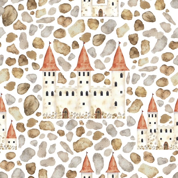Modello medievale senza soluzione di continuità con il castello Ornamento di fantasia per la stampa tessuto carta copertina web Sfondo del castello modelli di castello di sabbia acquerello estate estate sfondo