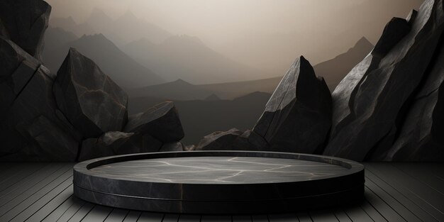 Modello minimalista a sfondo geometrico nero a forma di pietra e roccia per esposizione o vetrina sul podio