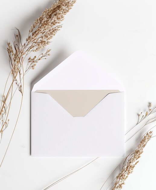 Modello minimalista di invito bianco con fiori secchi su bianco