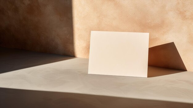 Modello minimalista per un modello di marchio aziendale con carta bianca e busta su un piatto grigio situato su un tavolo di pietra beige con ombra di luce solare che offre copie