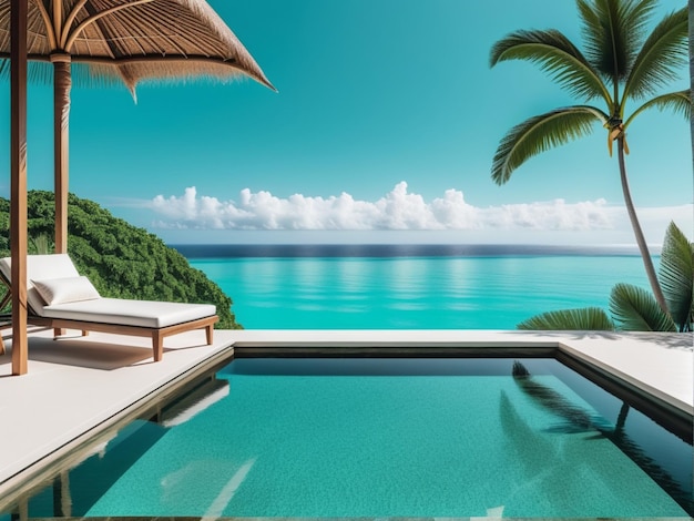 Modello minimalista tropicale Vista panoramica di lusso in un resort esotico sullo sfondo di un paesaggio marino turchese