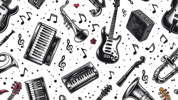 Modello musicale in bianco e nero di strumenti e note Un disegno melodico e musicale