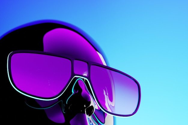 Modello nero di un uomo in occhiali da sole realistici sotto l'illustrazione 3d della luce al neon pinkblue