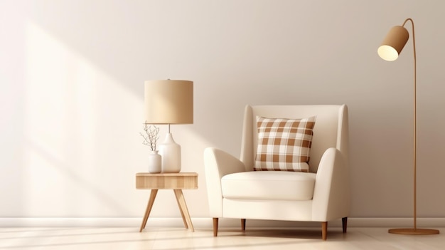 Modello o configurazione del soggiorno con sedia morbida beige Illustrazione AI generativa