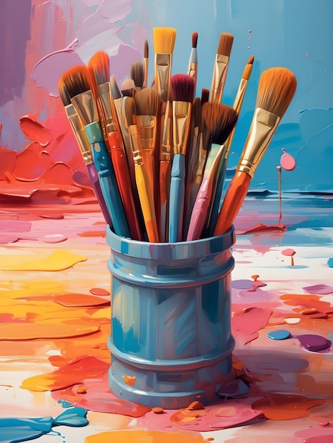 Modello per la Giornata Mondiale dell'Arte 15 aprile Pennelli da pittura Palette di colori sfondo striscione artistico