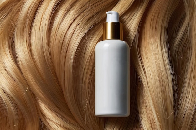 Modello per uno striscione una bottiglia di prodotto per capelli su uno sfondo di riccioli di capelli biondi dorati capelli
