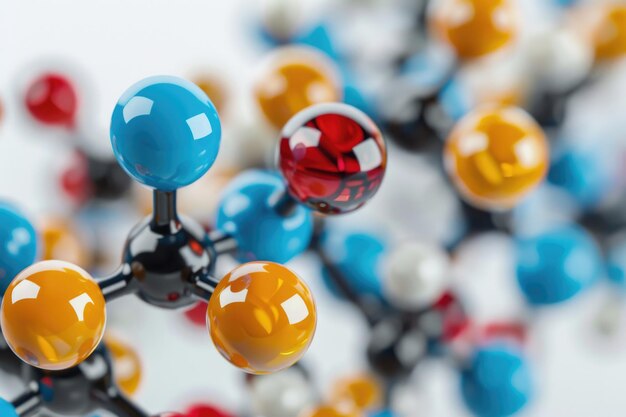 Modello plastico di elementi chimici di molecole proteiche isolate su sfondo bianco da vicino