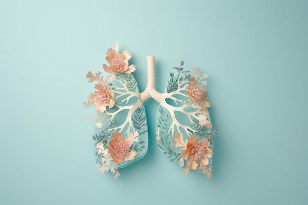 Modello polmonare con stetoscopio su sfondo blu TBC polmonite malattie respiratorie