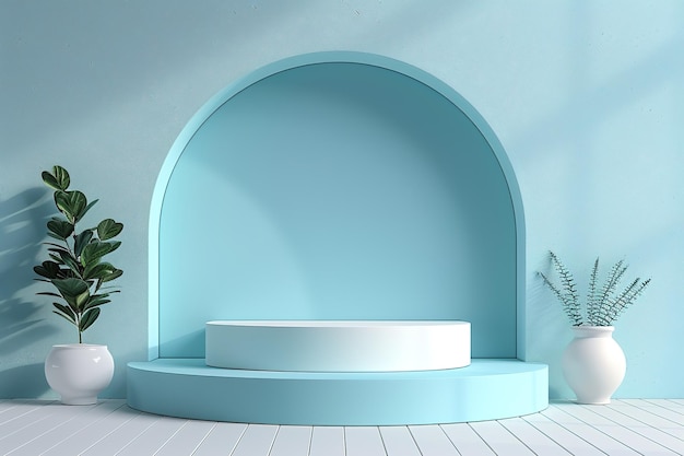 Modello pubblicitario dell'interno della stanza blu chiaro con podio geometrico rotondo