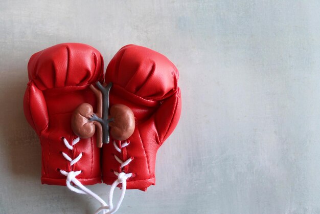 Modello renale sopra guanti da boxe rossi con spazio per la copia Concetto di lotta contro le malattie renali