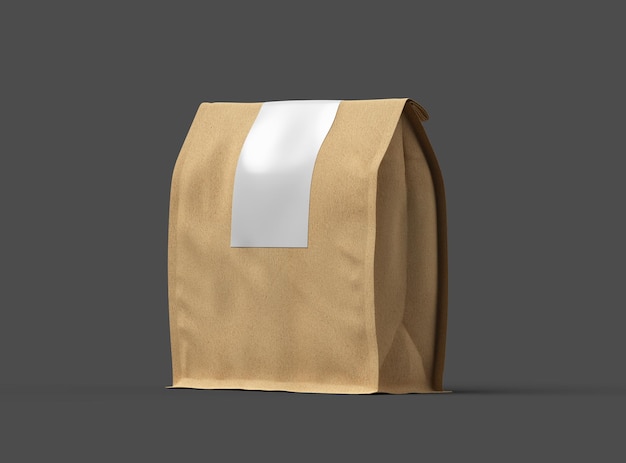 Modello renderizzato per un sacchetto di carta quadrato con la parte superiore piegata e l'etichetta su uno sfondo scuro